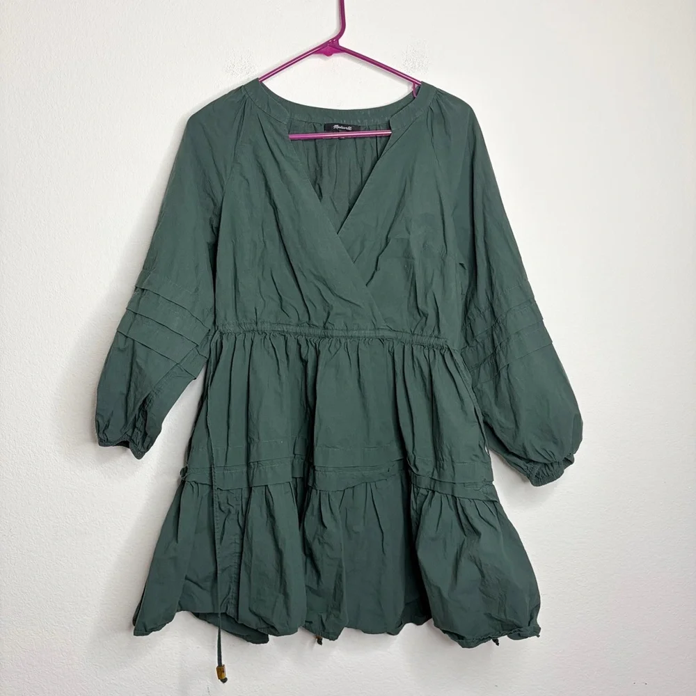 Madewell Crinkled Poplin Wrap Mini Dress, Size S, Dark Green